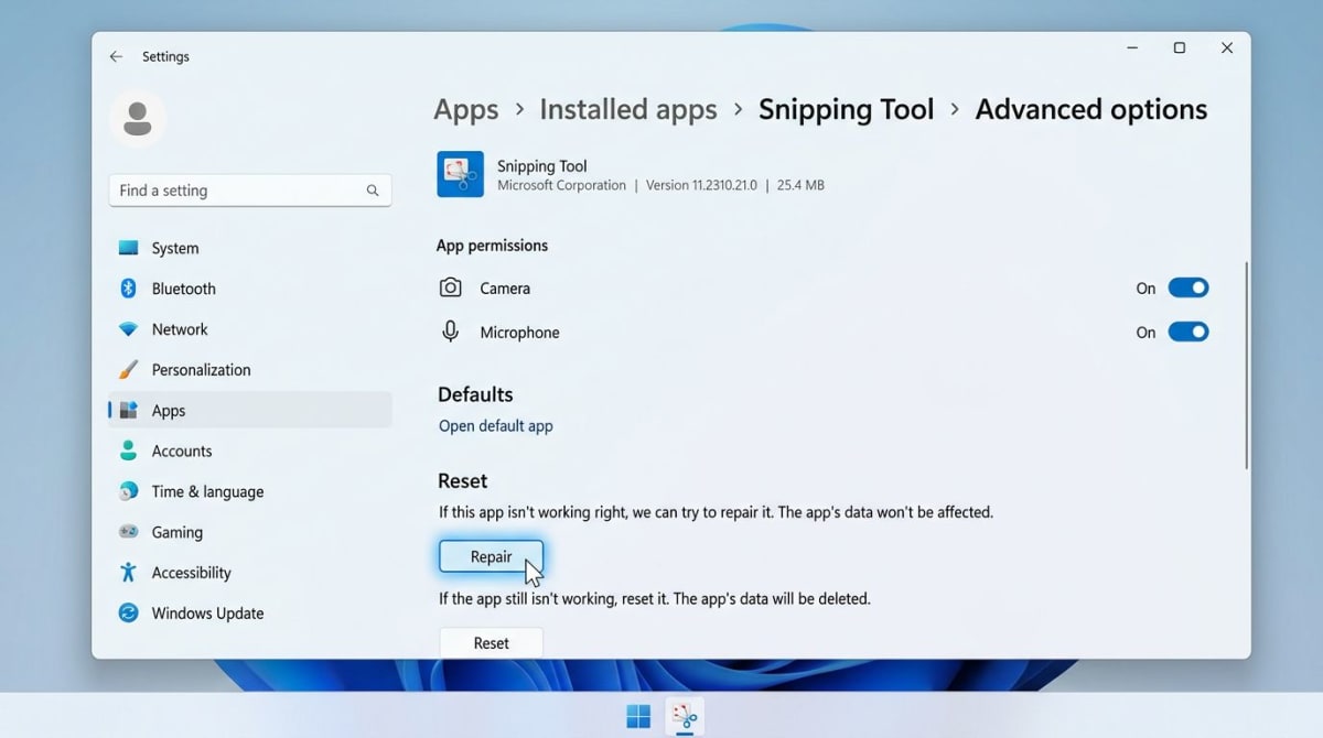 Windows 11 Settings showing the Snipping Tool Advanced options with Repair and Reset buttons