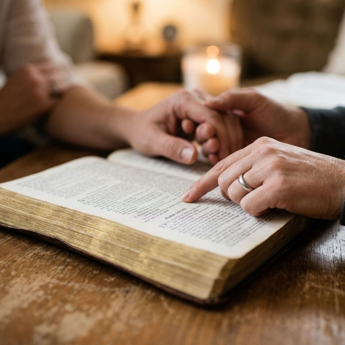 Hands pointing to Bible verse while praying, close-up showing scripture prayer and spiritual intimacy