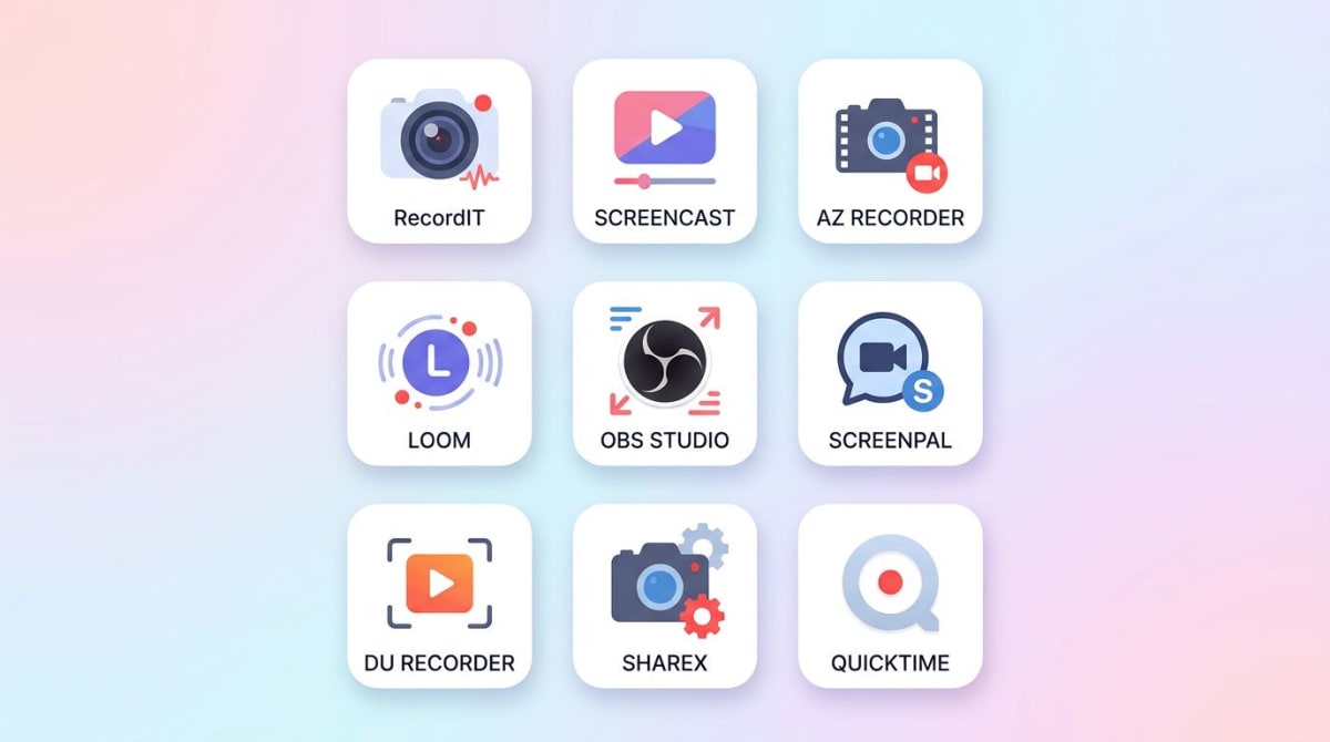 Grid of nine free screen recording app icons on a soft gradient