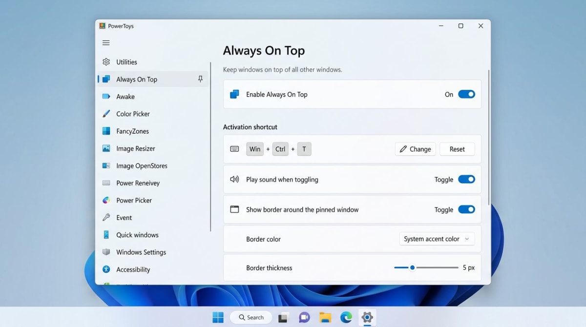 PowerToys Immer im Vordergrund Einstellungspanel unter Windows 11