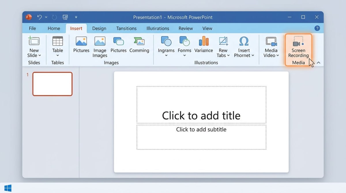 PowerPoint Screen Recording button in the Insert tab ribbon on Windows