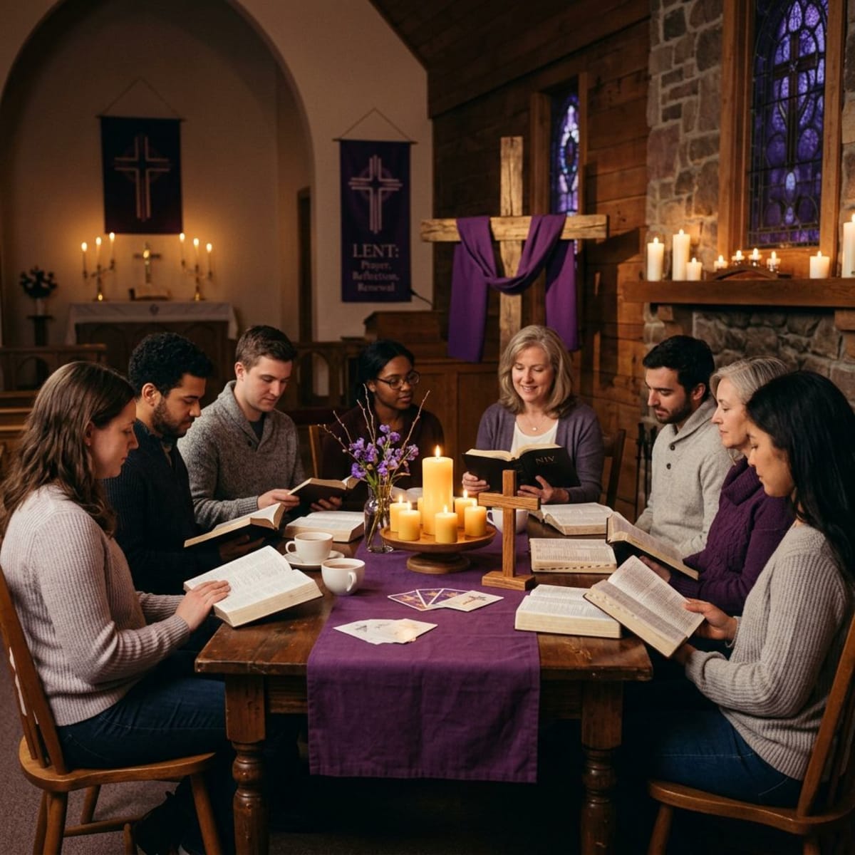 Peaceful Bible study scene during Lent season with purple colors and cross symbolism