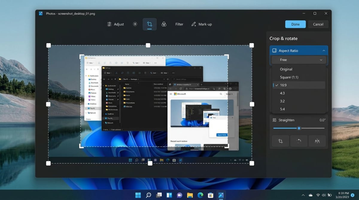 Screenshot in der Windows-Fotos-App mit Seitenverhältnis-Optionen zuschneiden