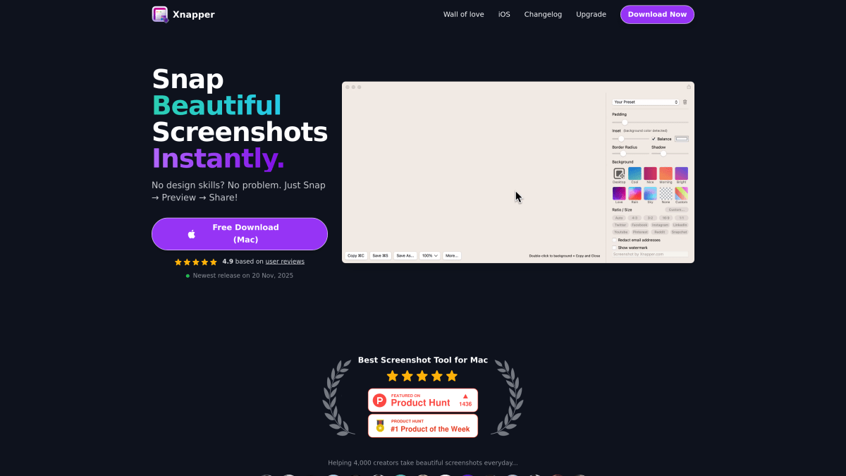 Xnapper homepage — simple screenshot beautification tool