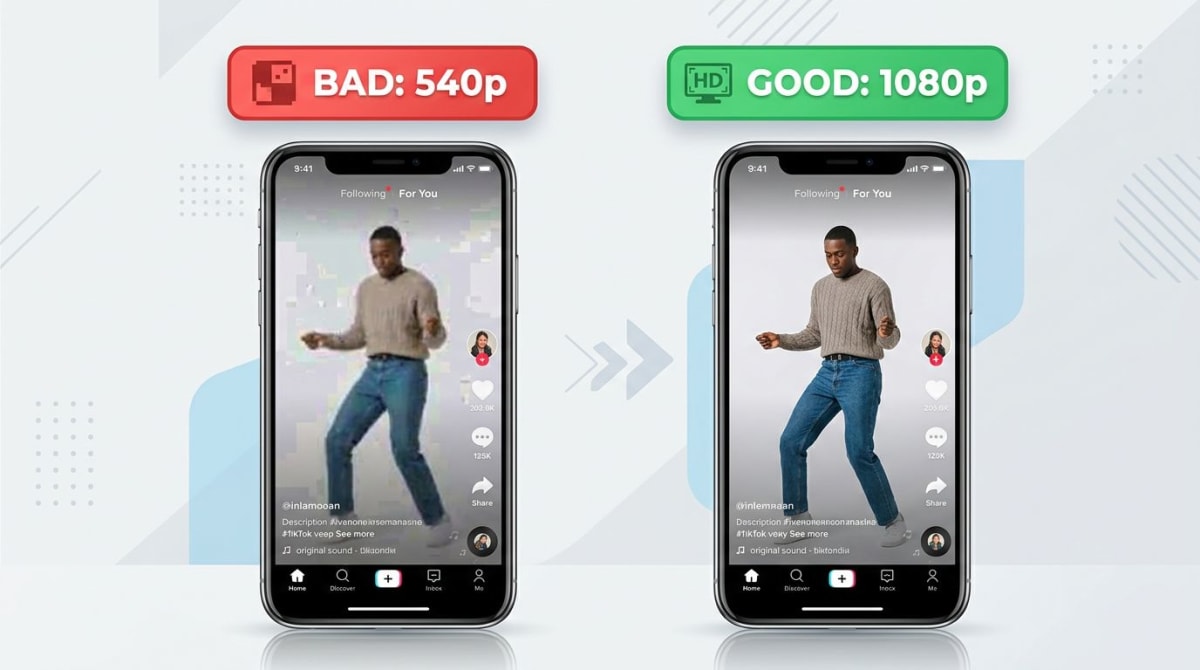Vergleich von minderwertigem unscharfen TikTok versus knackigem hochwertigem 1080p-Upload