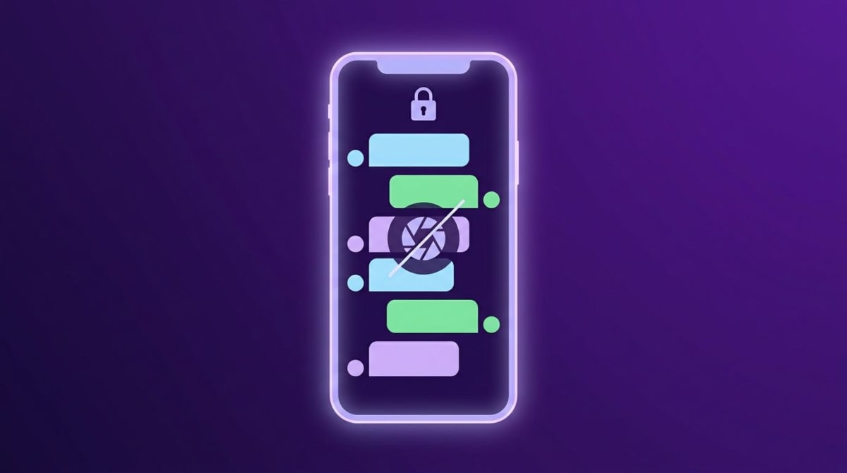 Tinder chat screenshots stay silent — phone showing a chat thread with a crossed-out camera shutter and a padlock