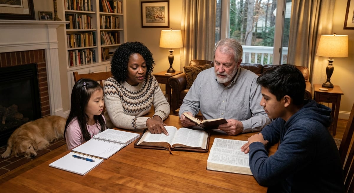 Family studying Bible together in warm home setting