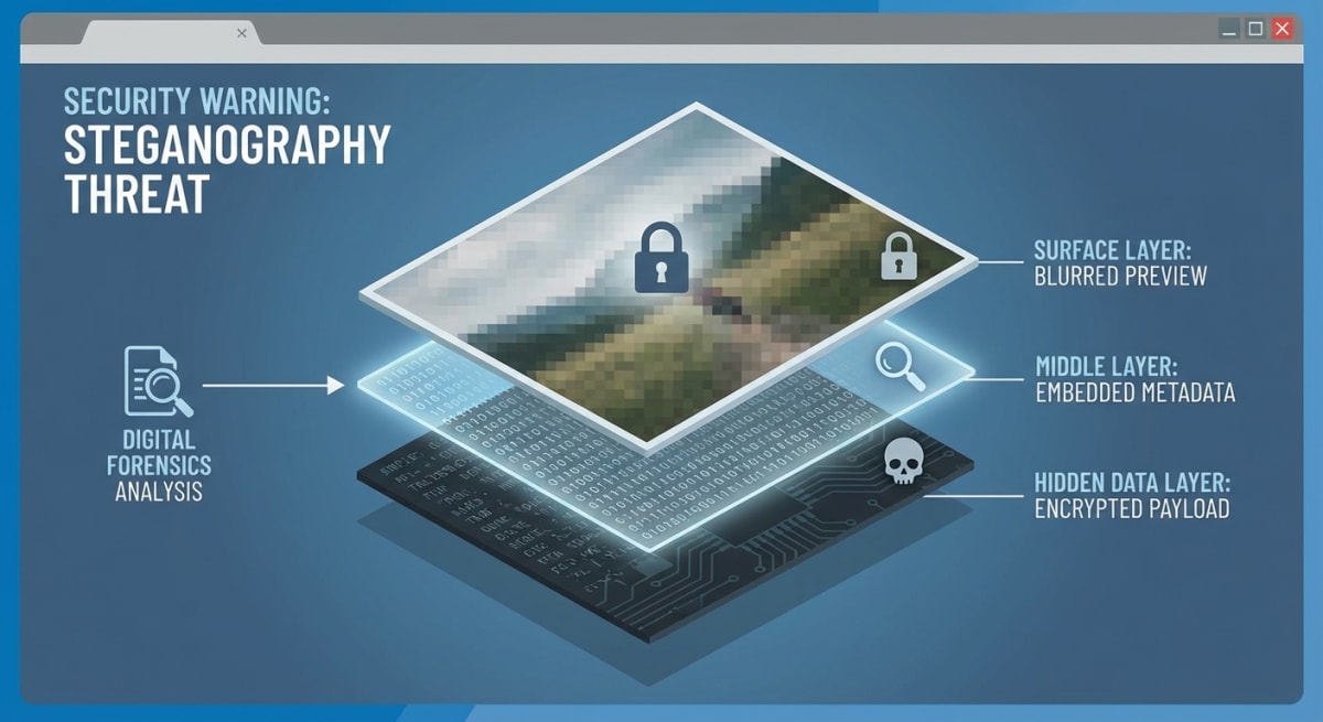 Illustration showing image layers with hidden data underneath blur effects