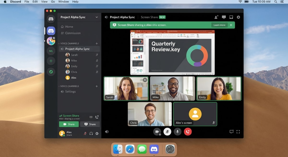 Discord screen share active with participants visible