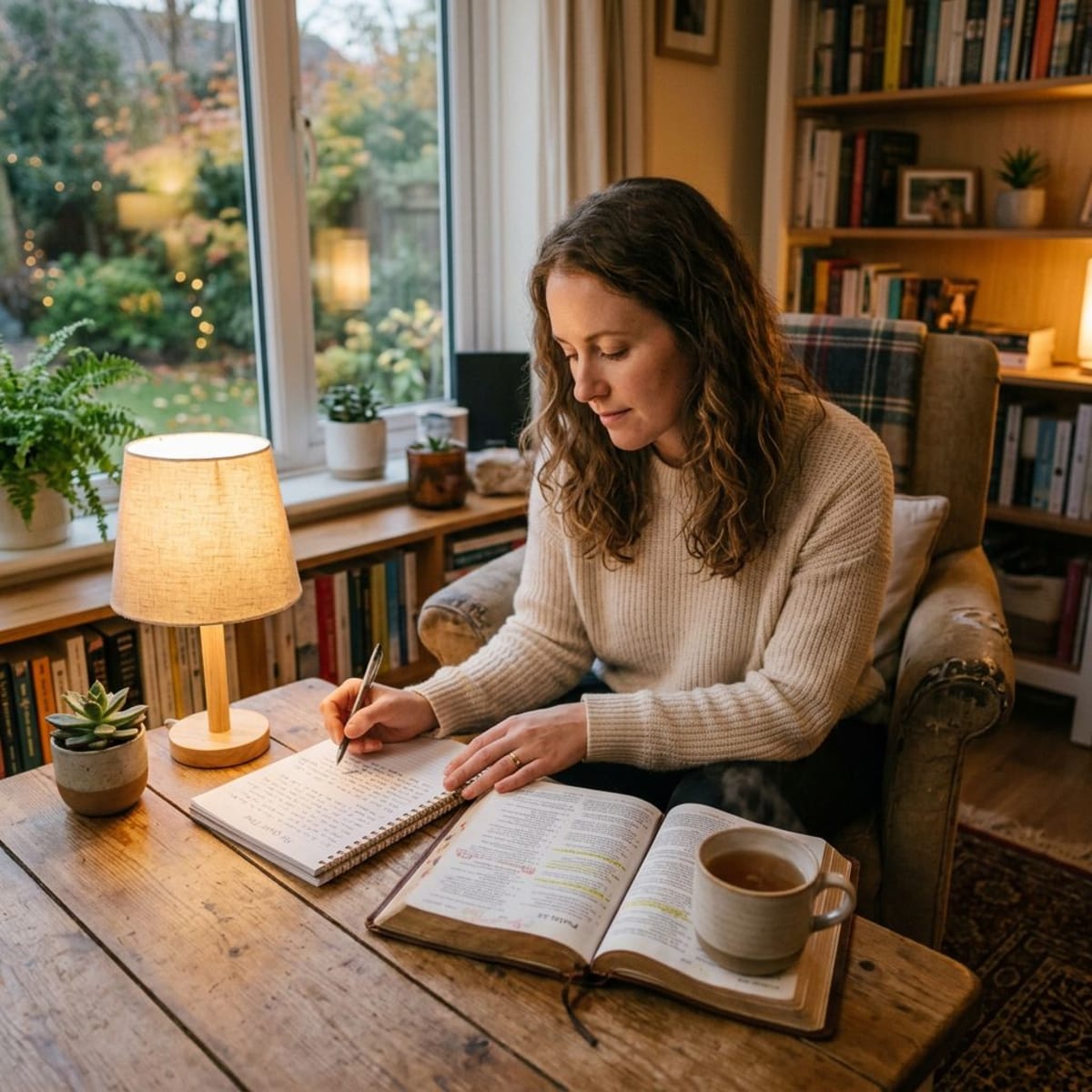 Peaceful Bible study scene with open Bible and journal