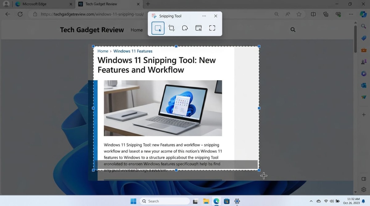 Snipping-Tool-Overlay unter Windows 11 erfasst einen Teil einer Webseite