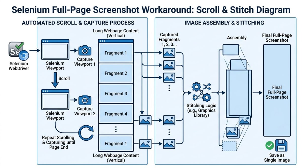 Diagramm zeigt Selenium's Scroll-and-Stitch-Workaround für Full-Page-Screenshots