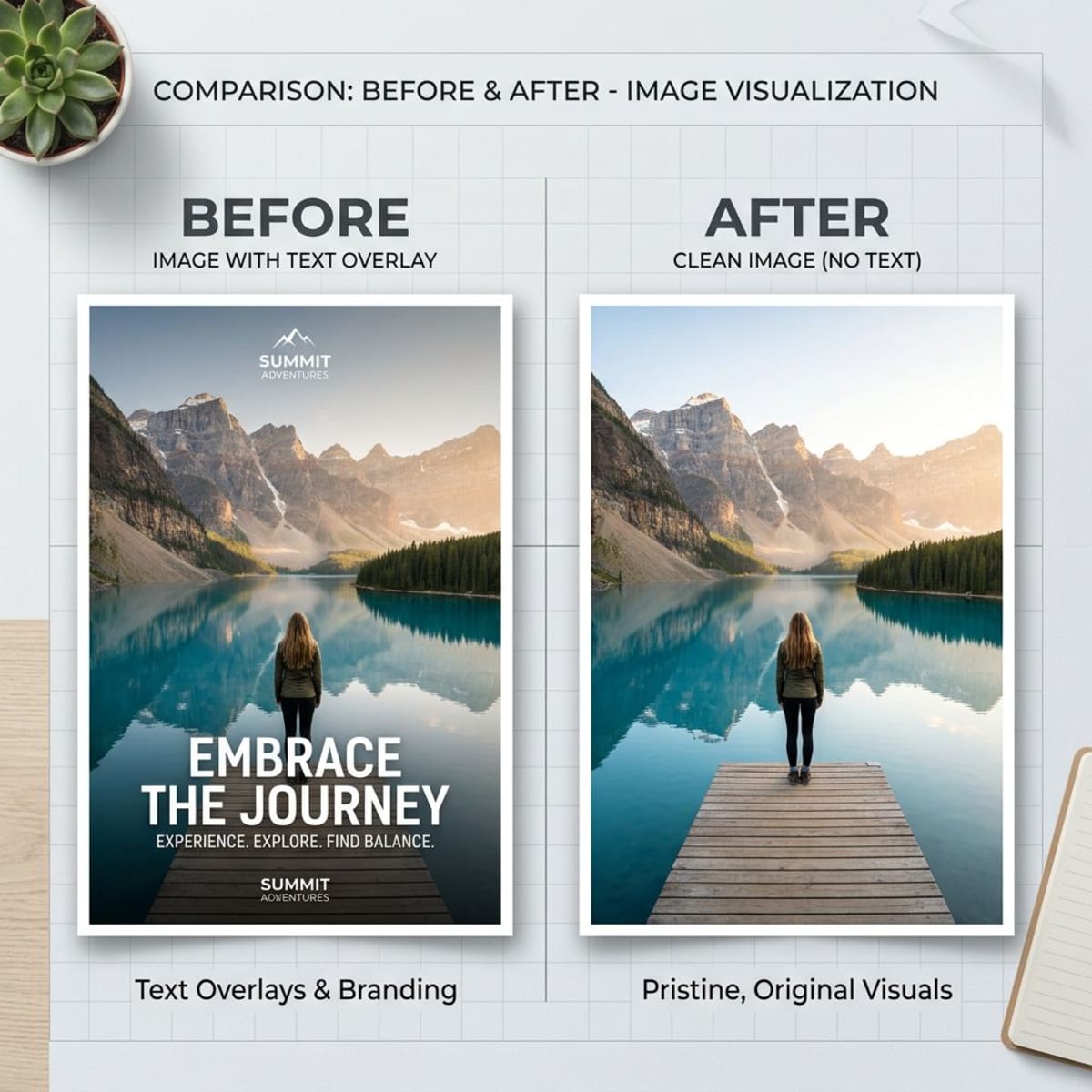 Before and after using AI to remove text from image