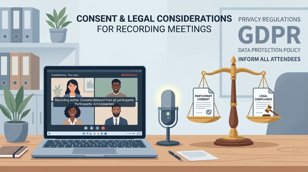 Legal scale next to a microphone icon and a Windows laptop showing a video conference, representing consent for recording meetings