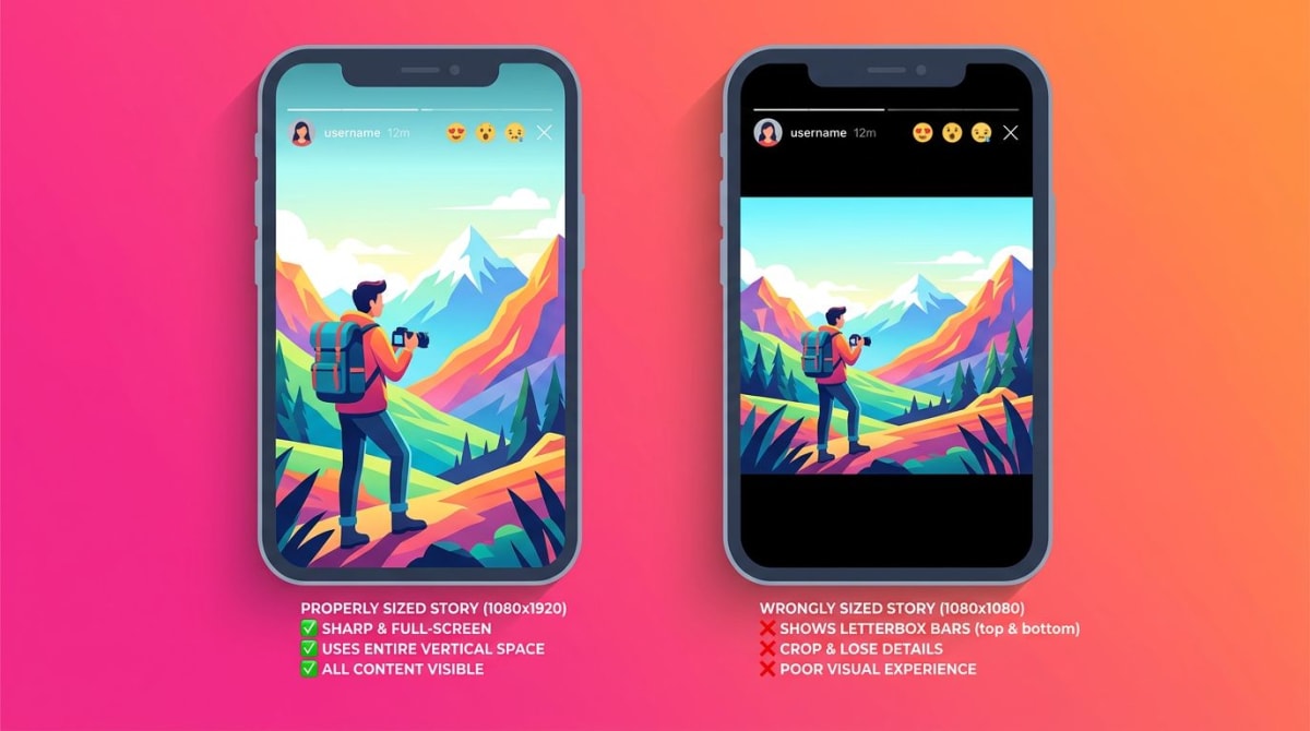 Side-by-Side-Telefon zeigt richtig vs. falsche Instagram-Story-Größen