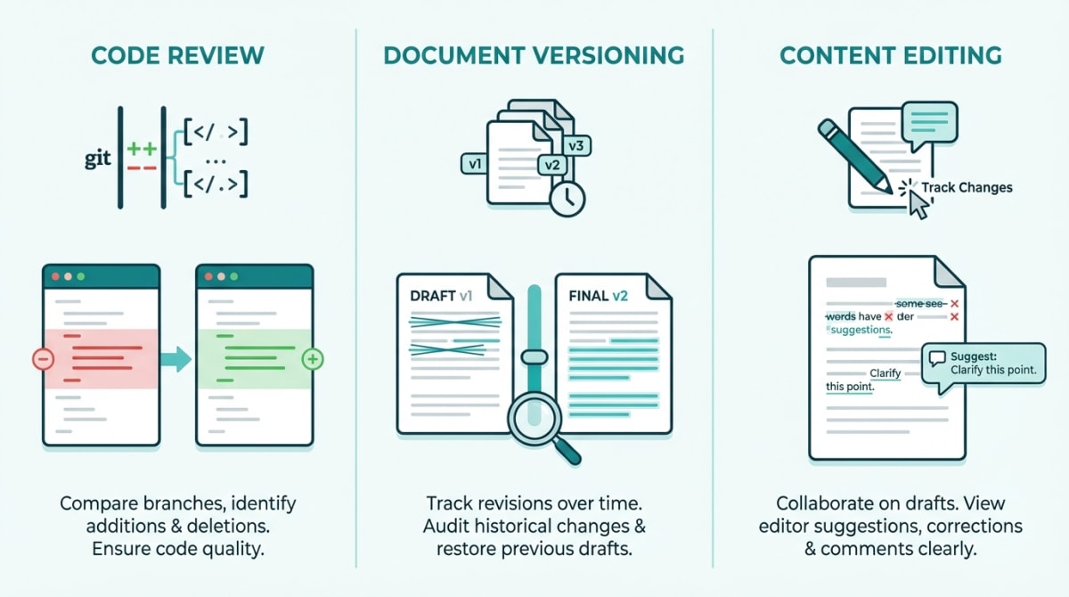 Text comparison use cases including code review, document versioning, and content editing