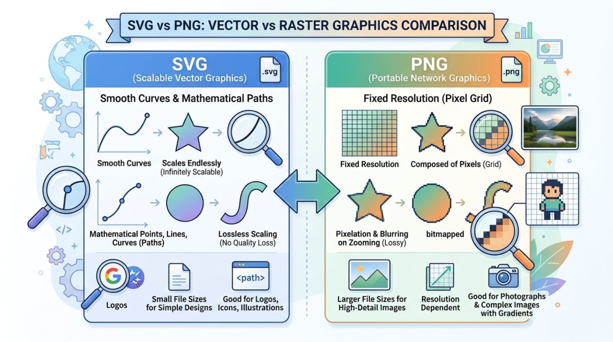 SVG vs PNG format comparison showing vector and raster differences