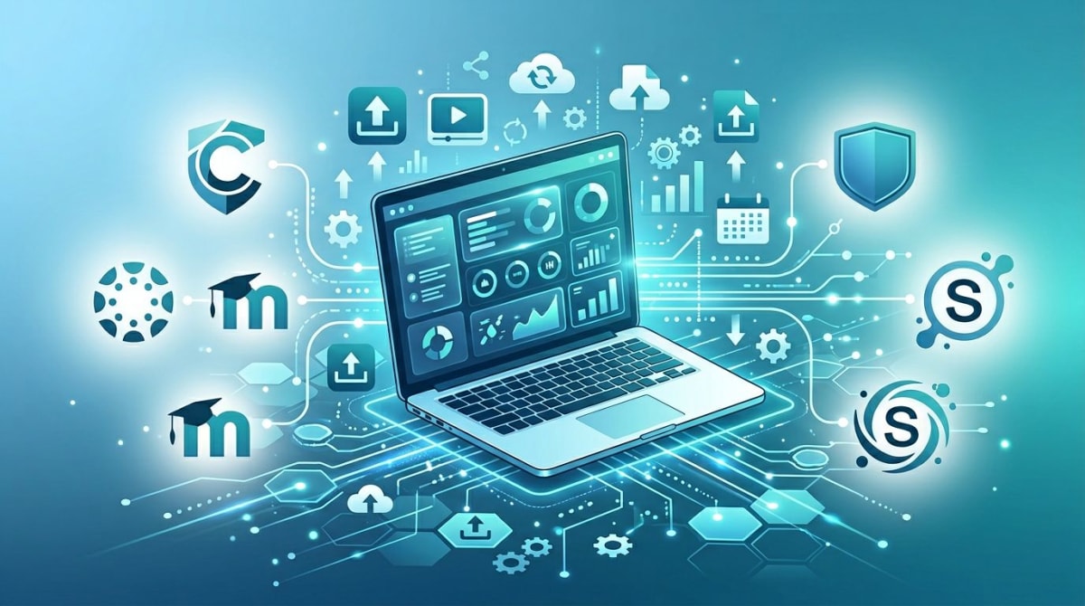 LMS integration: laptop with connected Canvas, Moodle, Blackboard, Schoology