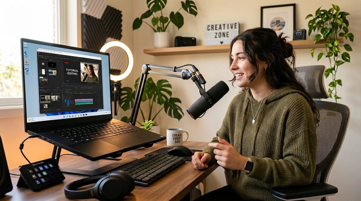 Creator recording a tutorial on a Windows laptop