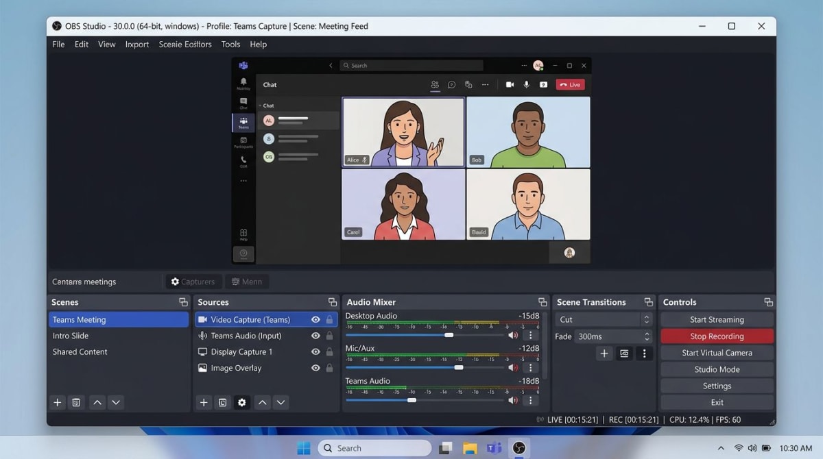 OBS Studio scene setup for recording a Teams meeting