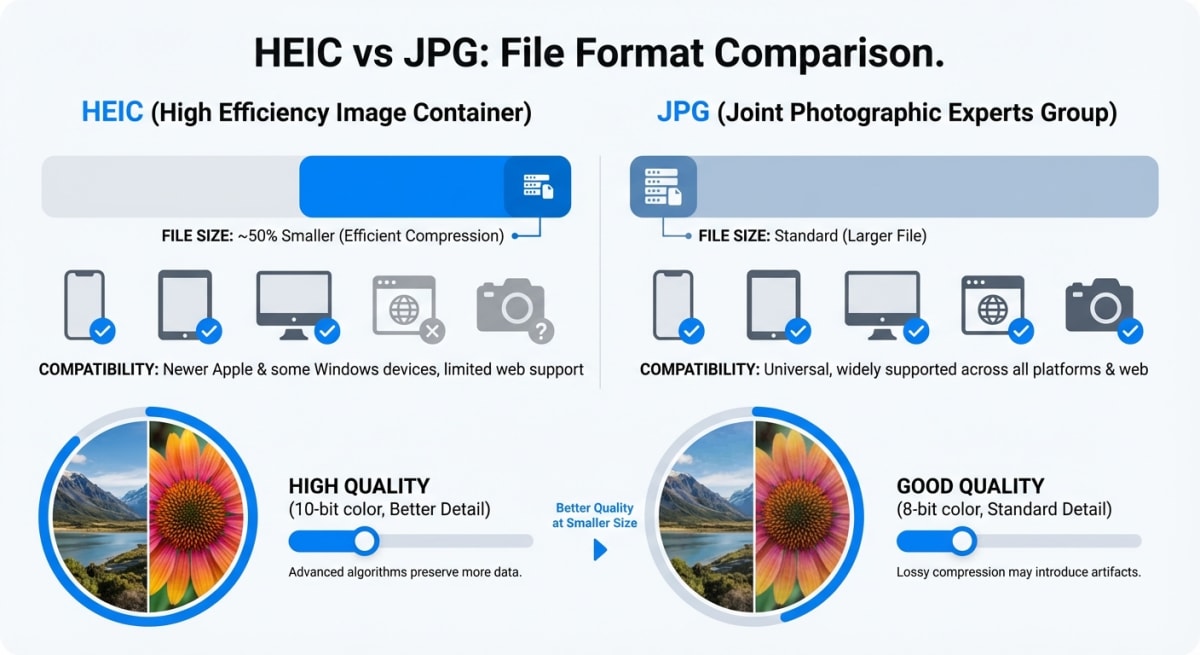 HEIC vs JPG format comparison showing file size, compatibility, and quality differences