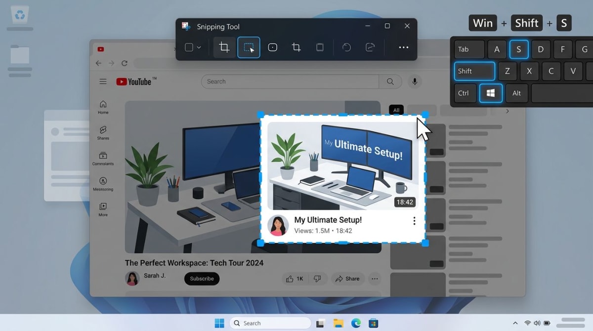 Windows 11 Snipping Tool mit hervorgehobenem Win Shift S Tastenkürzel über einem YouTube-Frame