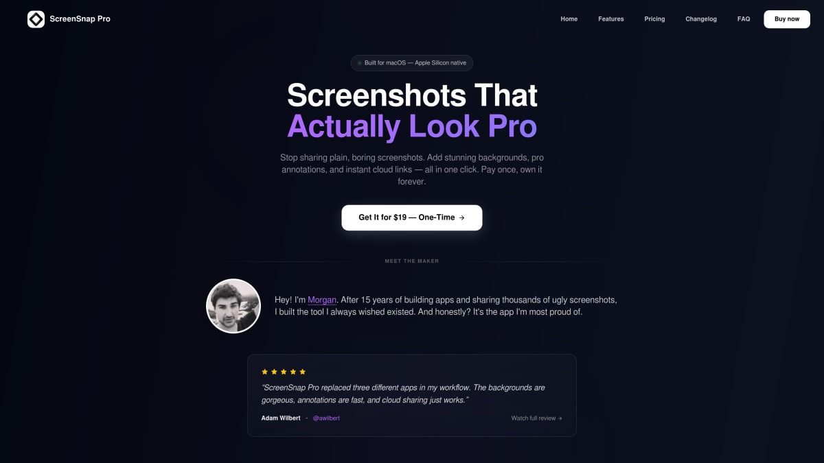 ScreenSnap Pro homepage — screenshot beautification tool for Mac