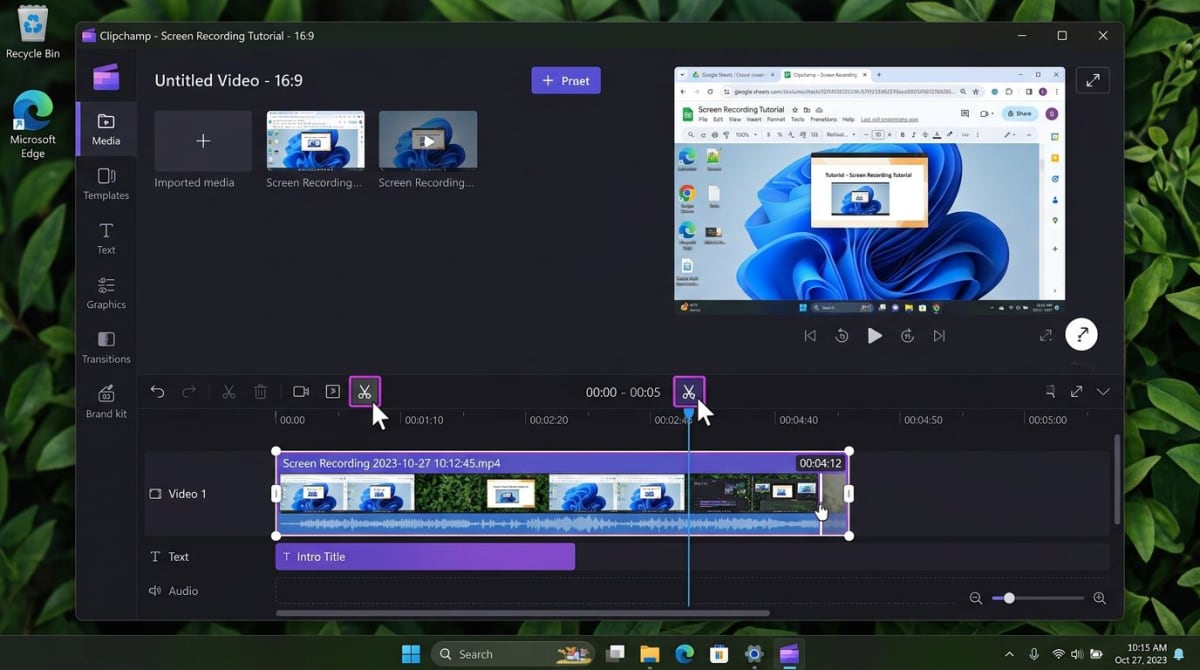 Clipchamp timeline editor on Windows 11 with a screen recording loaded