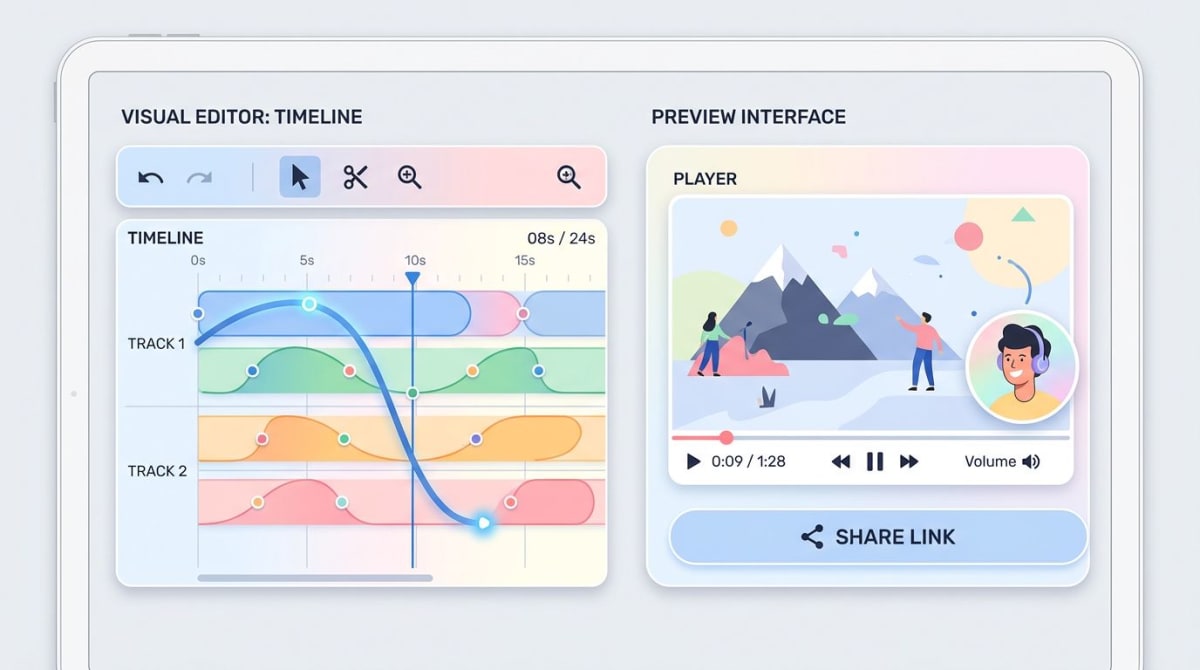 Side-by-side mockup of two abstract video editor user interfaces showing different workflow priorities