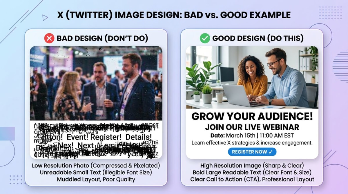 Comparison of a blurry pixelated tweet image versus a crisp clean version with bold readable text