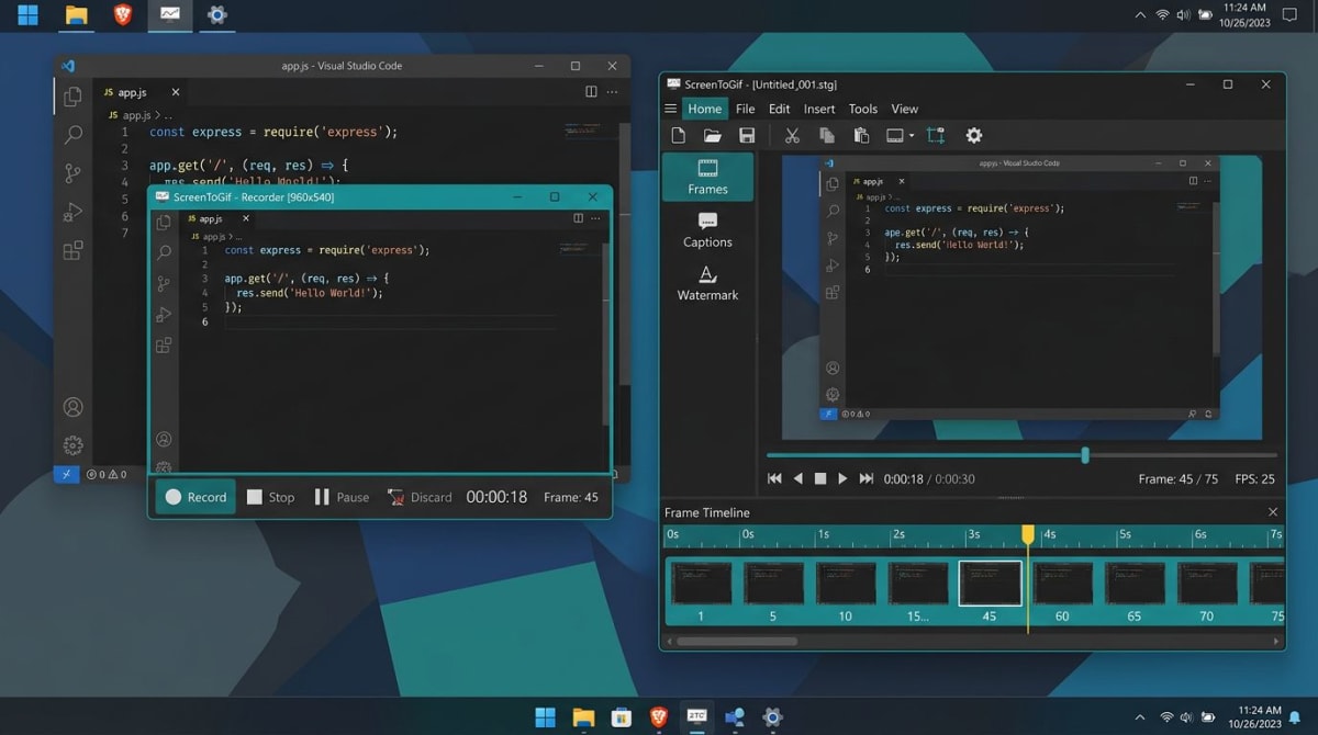 ScreenToGif Frame-Editor mit sichtbarer Timeline unter Windows