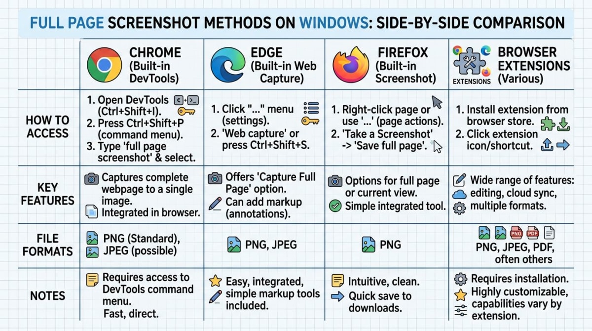 Comparison of full page screenshot methods on Windows