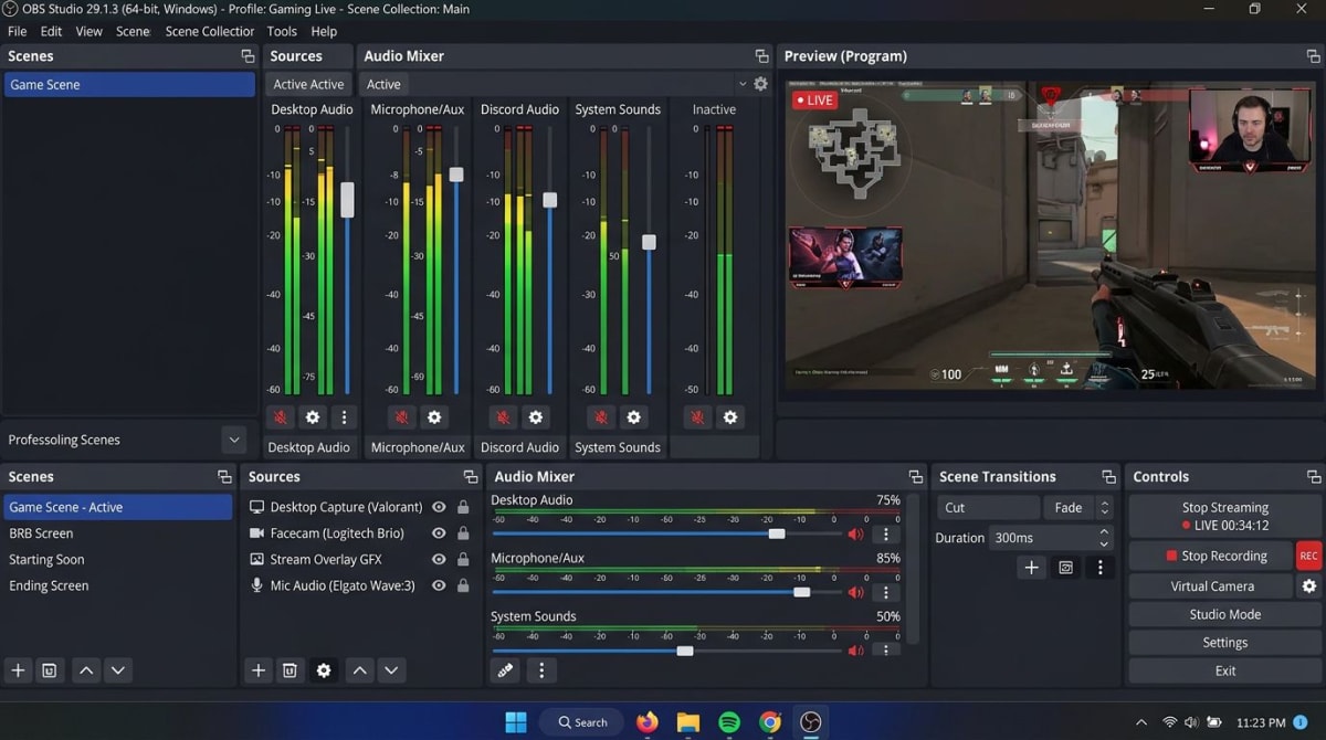 OBS Studio audio mixer showing desktop audio and microphone levels for screen recording