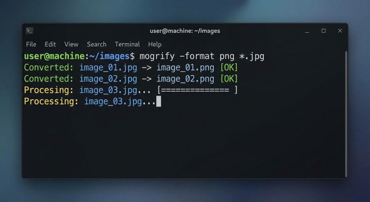 Terminal showing batch JPG to PNG conversion commands