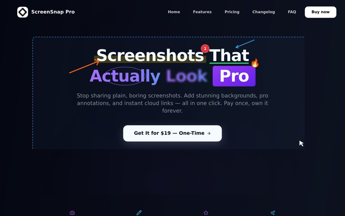 ScreenSnap Pro homepage — screenshot and screen recording app for Mac with built-in audio capture