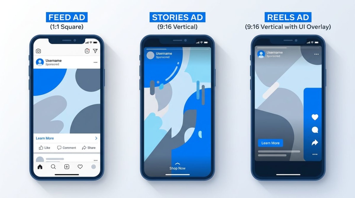 Side-by-Side-Vergleich von Feed-, Stories- und Reels-Anzeigenplatzierungen auf Smartphones