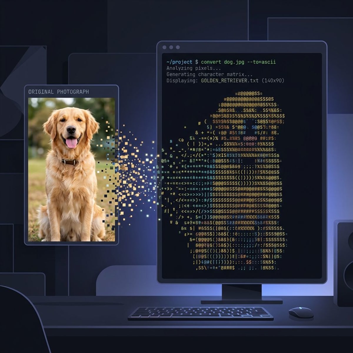 Photo being converted into ASCII character art on a dark terminal screen