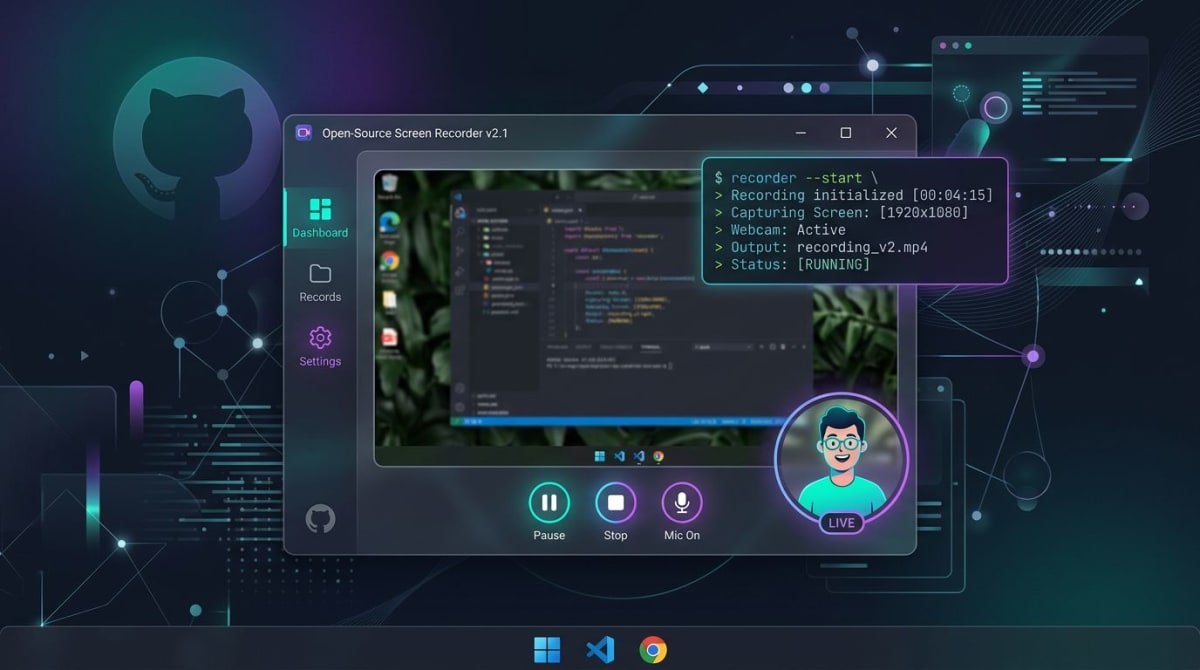 Open-source screen recorder running on Windows with webcam bubble