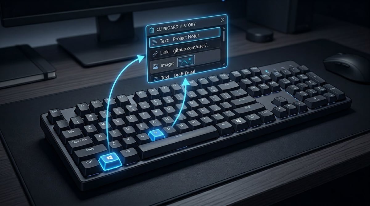 Windows keyboard with Win and V keys highlighted for clipboard shortcut