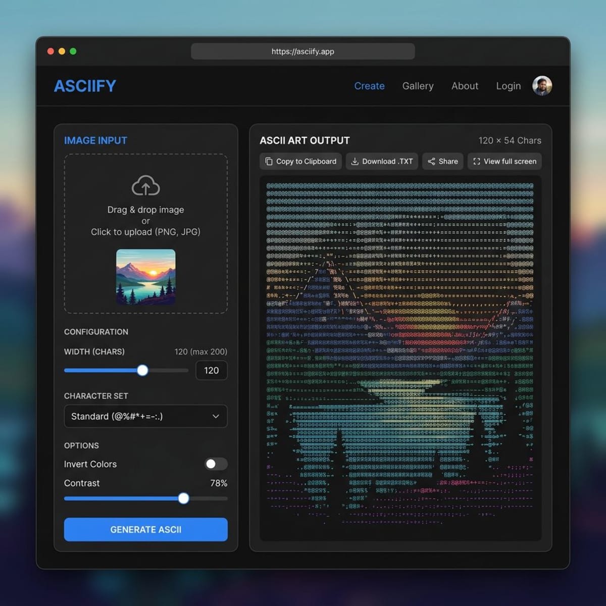 ASCII art generator interface showing image upload and character output