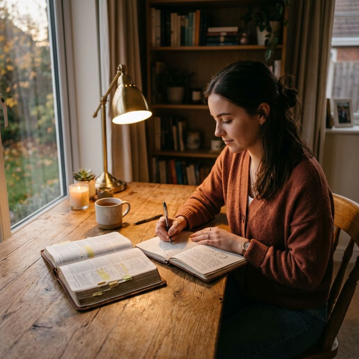 Peaceful Bible study scene with someone writing notes in a journal next to an open Bible