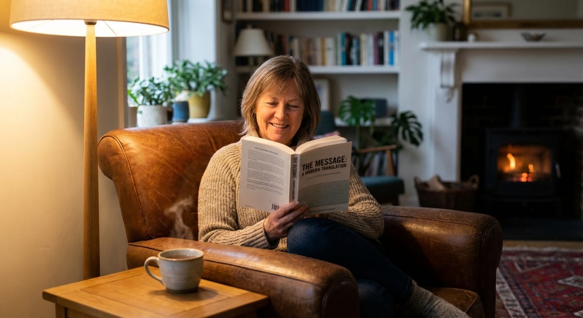 A person reading a modern Bible in a cozy armchair with warm lamp light