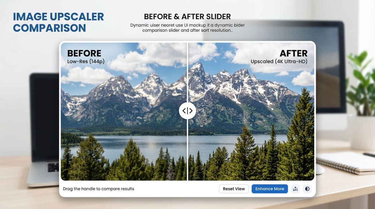 Before-and-after slider showing the difference between a pixelated original and a sharp AI-upscaled result