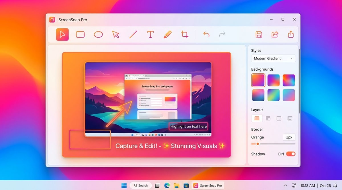 ScreenSnap Pro Windows-App mit Verlauf-Hintergründen und Annotationswerkzeugen