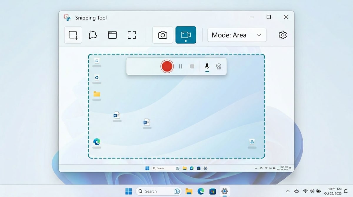 Snipping Tool screen recording interface on Windows 11 with video capture mode