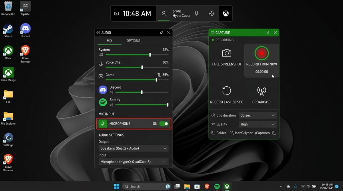 Xbox Game Bar audio recording controls on Windows with microphone and system audio toggles