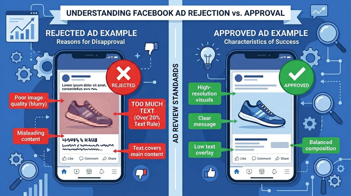 Rejected vs approved Facebook ad examples with diagnostic markers