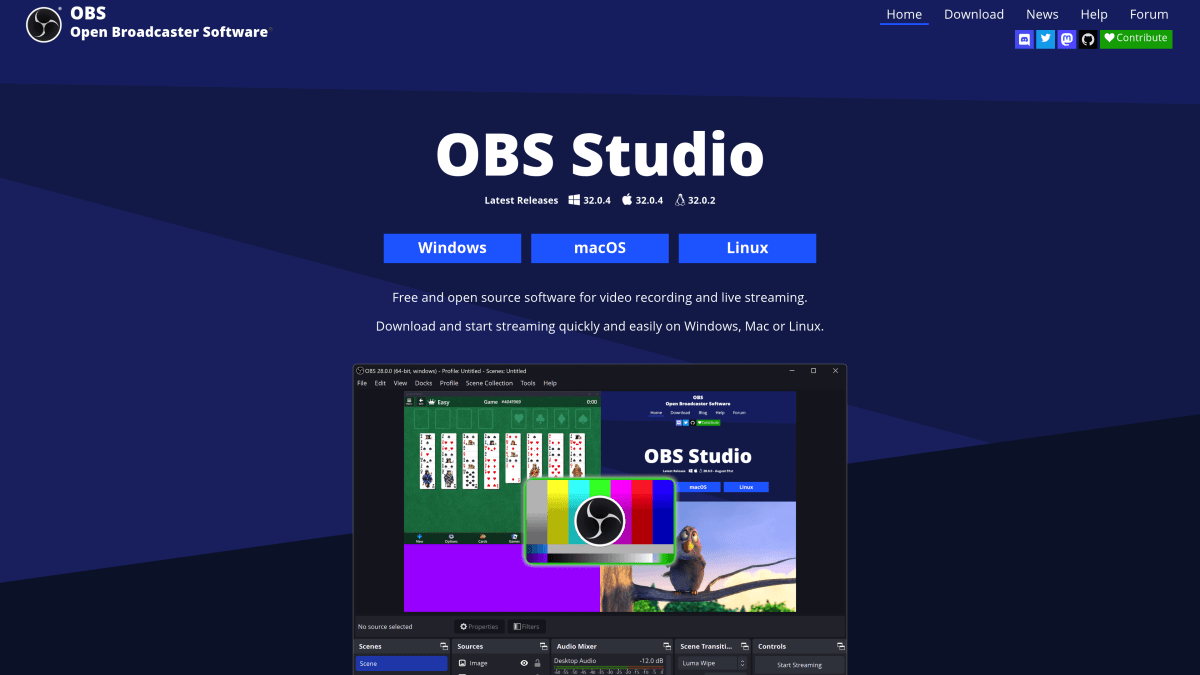 OBS Studio homepage — free open-source streaming and recording software