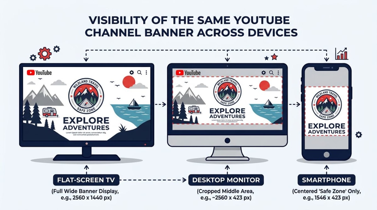 YouTube-Banner-Größe auf TV, Desktop und Smartphone zugeschnitten — zeigt unterschiedliche sichtbare Bereiche pro Gerät