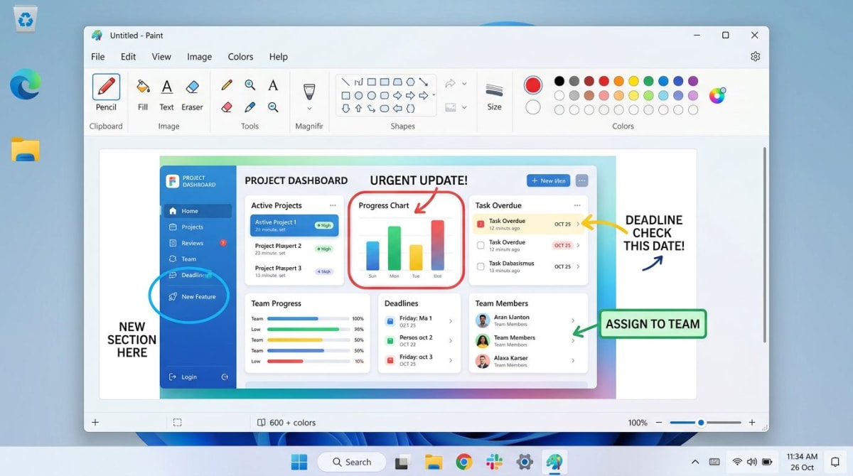 Editing a screenshot in Microsoft Paint with shapes and text